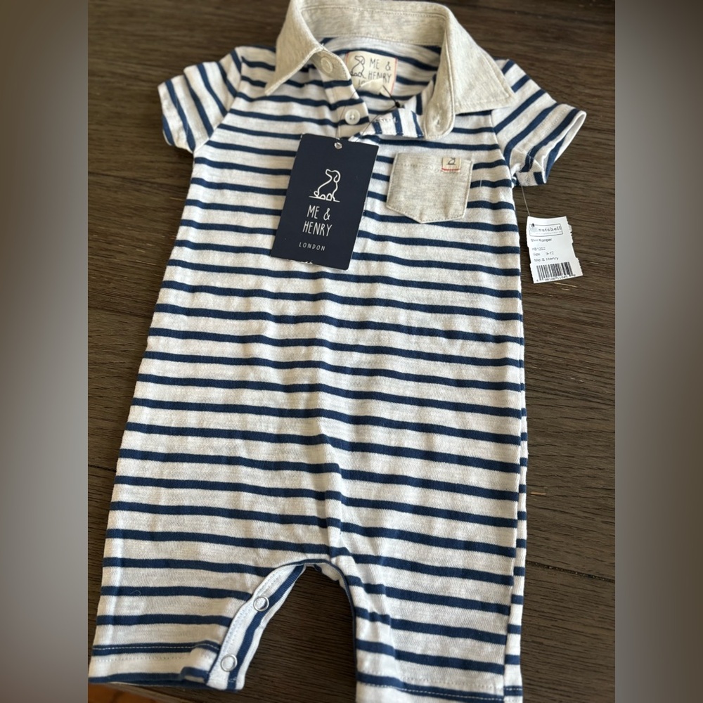 NWT-Me & Henry Striped Baby Romper size 9-12 months Blue and Cream